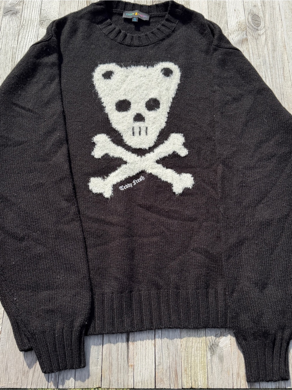 Teddy Fresh Black Crewneck Sweater with White Teddy Skull